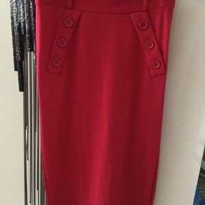 Carmen Marc Valvo Red Midi Pencil Skirt with Decorative Buttons Sz 4